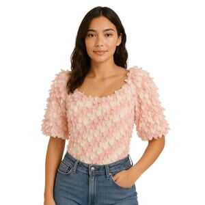 ASOS Design Pink White 3D Floral Ruffle Short Puff Sleeve Bodysuit Top Size 16